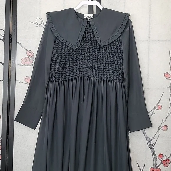 GANNI Ruffled-Collar Smocked Chiffon Dress Size 32 Or Size 0 - Picture 5 of 16